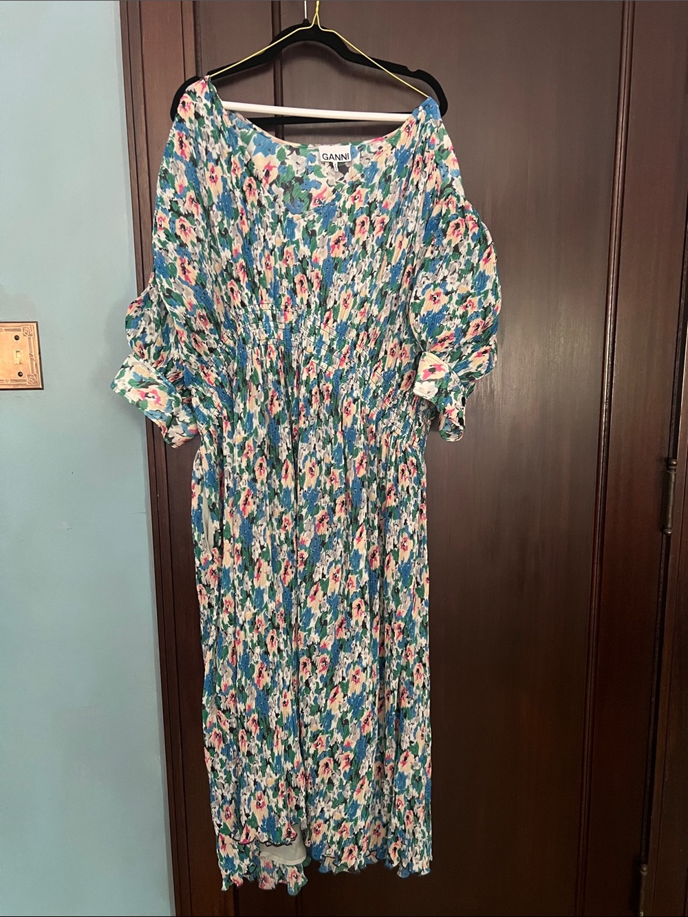 Ganni Teal Blue Floral Smocked Midi Dress